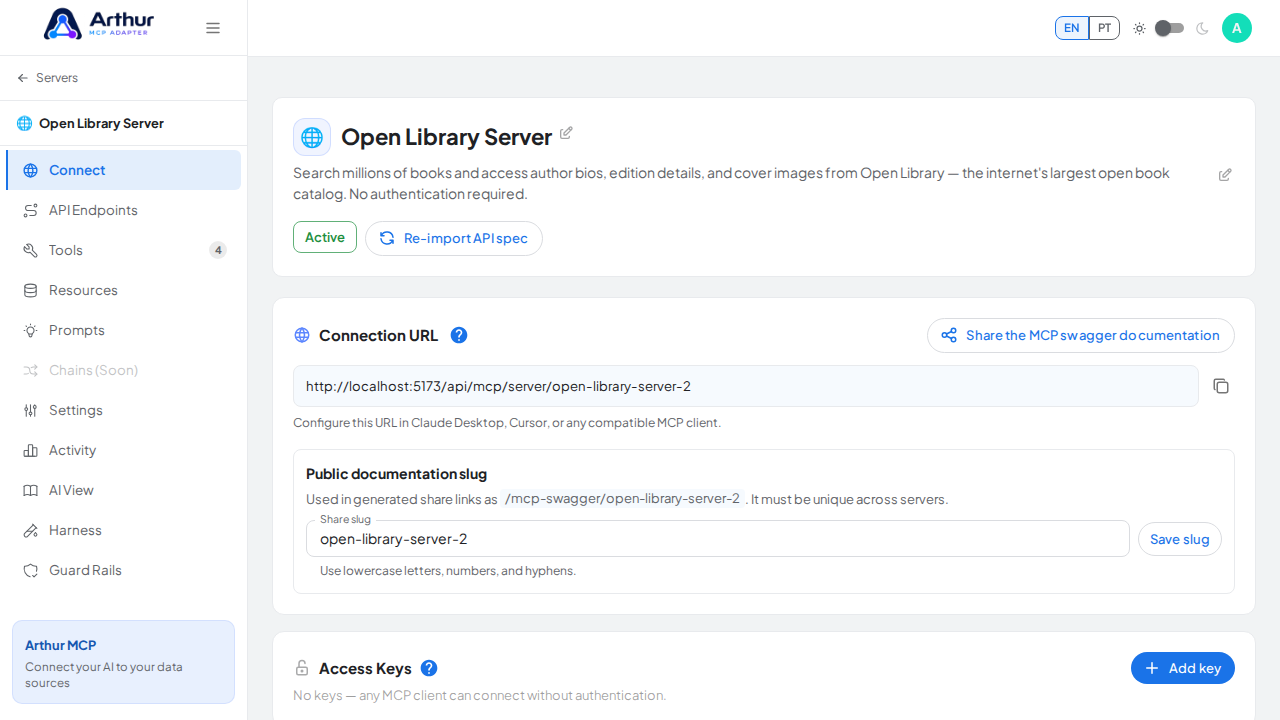 Open the server's Connect section, where the MCP endpoint and its documentation live