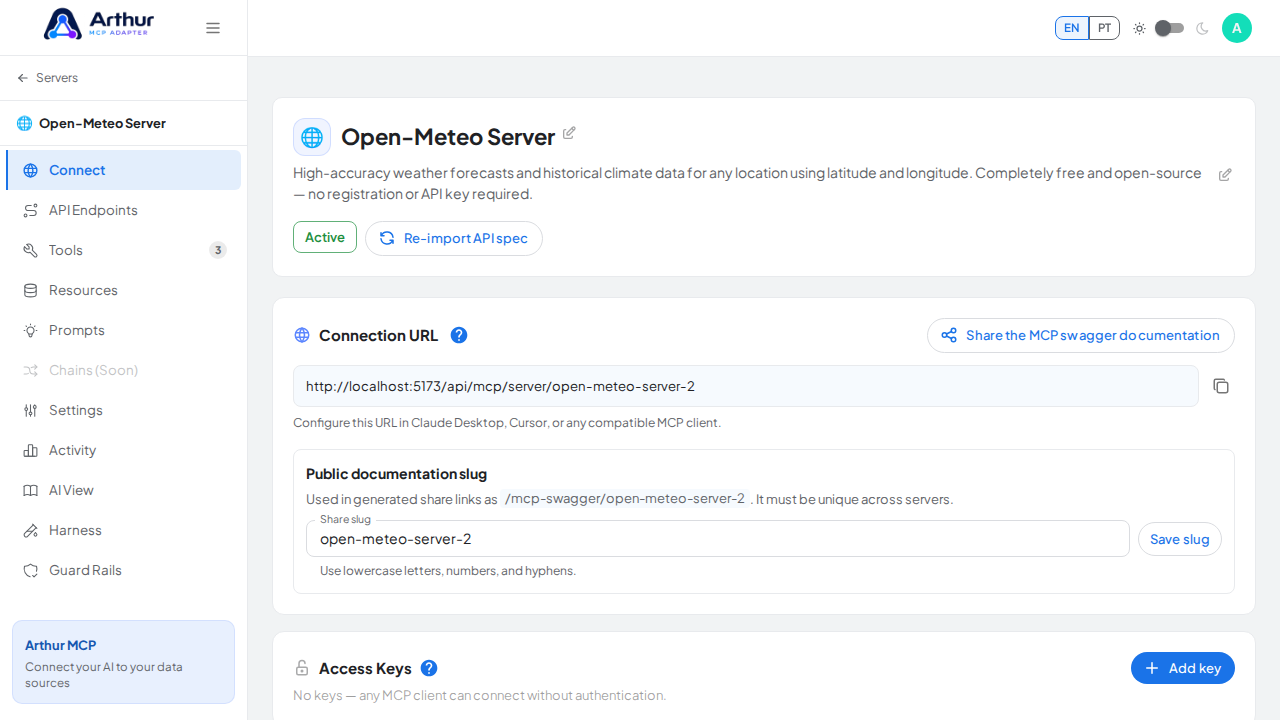 Open the server's Connect section, where the MCP endpoint and its documentation live