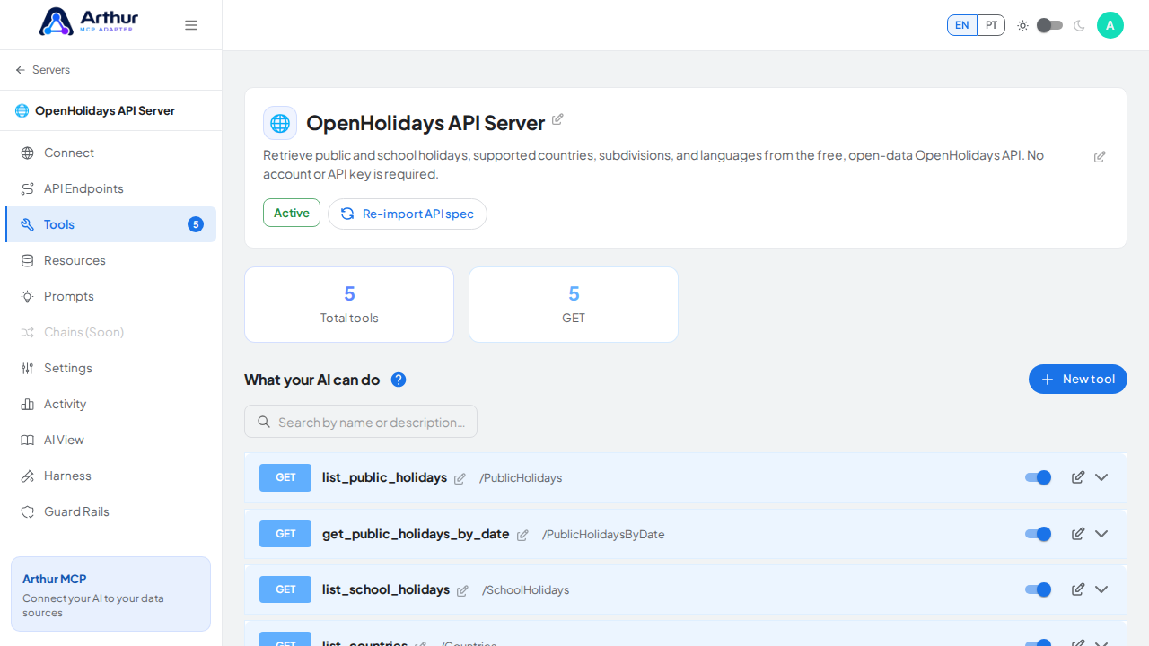 Review the tools generated from the OpenHolidays API template