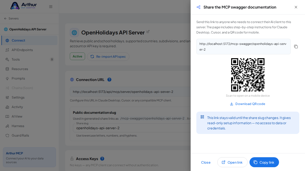 Open the MCP swagger documentation share panel