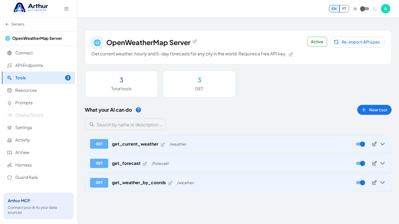Review the tools generated from the OpenWeatherMap template