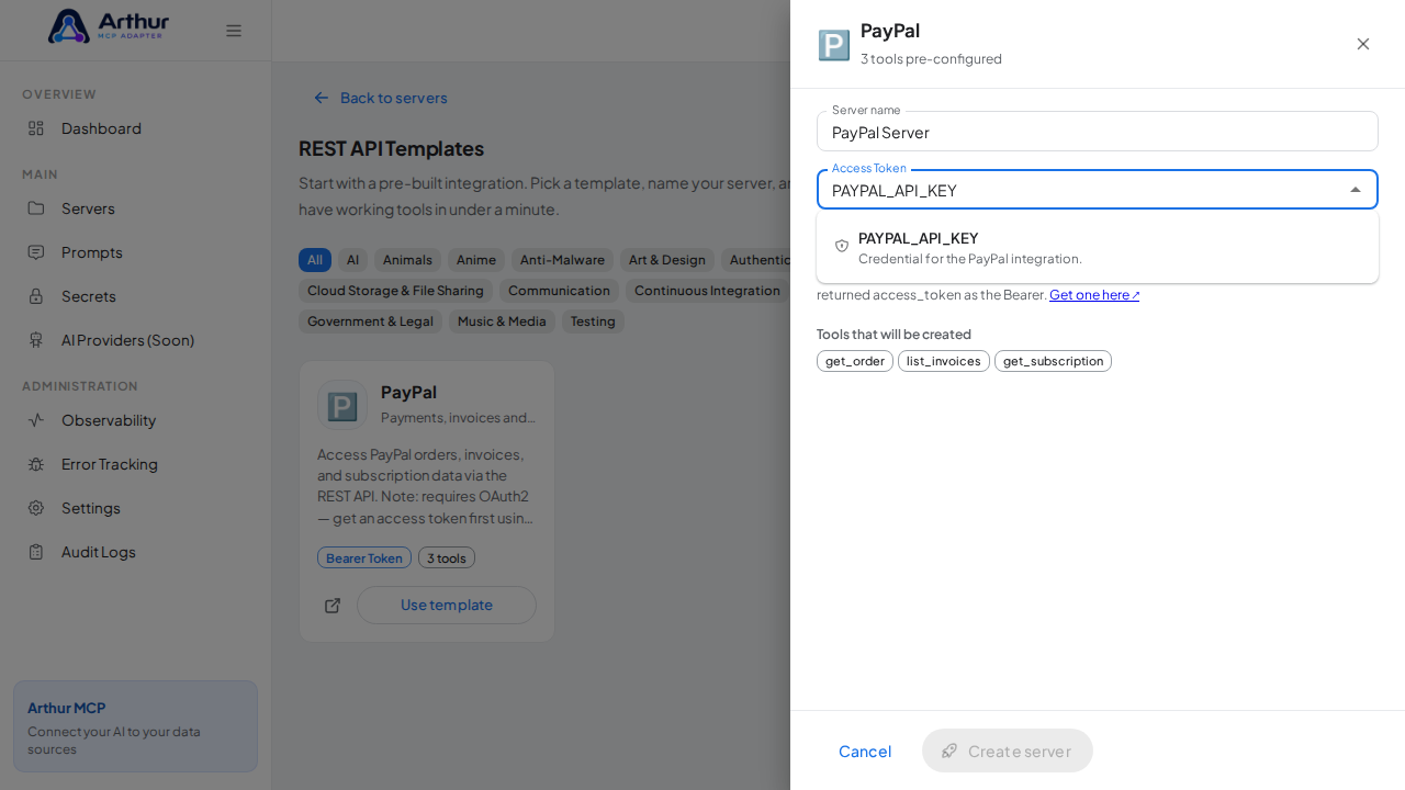 Pick the PAYPALAPIKEY secret from the vault suggestions