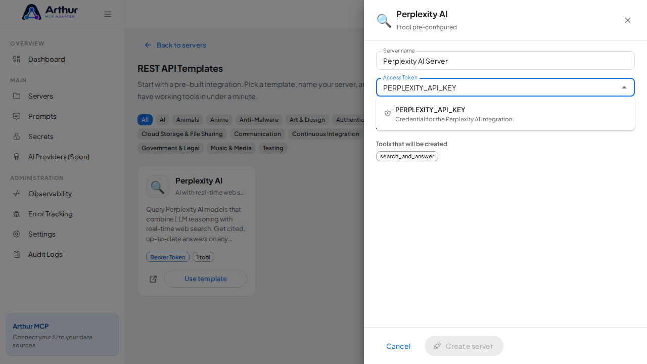 Pick the PERPLEXITYAPIKEY secret from the vault suggestions