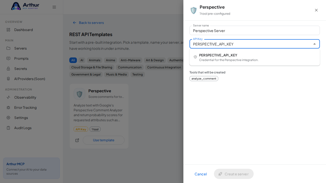 Pick the PERSPECTIVEAPIKEY secret from the vault suggestions