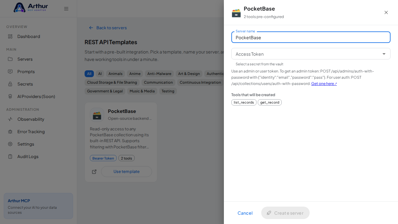 Open the PocketBase template with its preconfigured tools