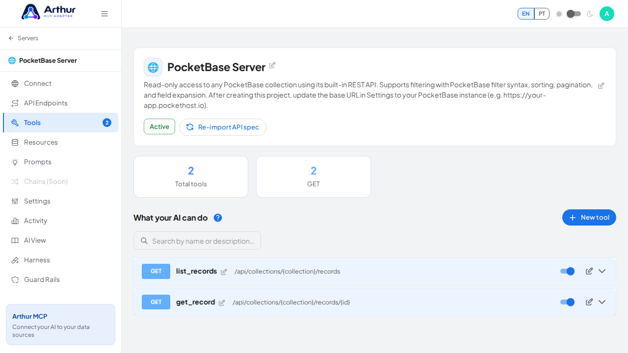 Review the tools generated from the PocketBase template