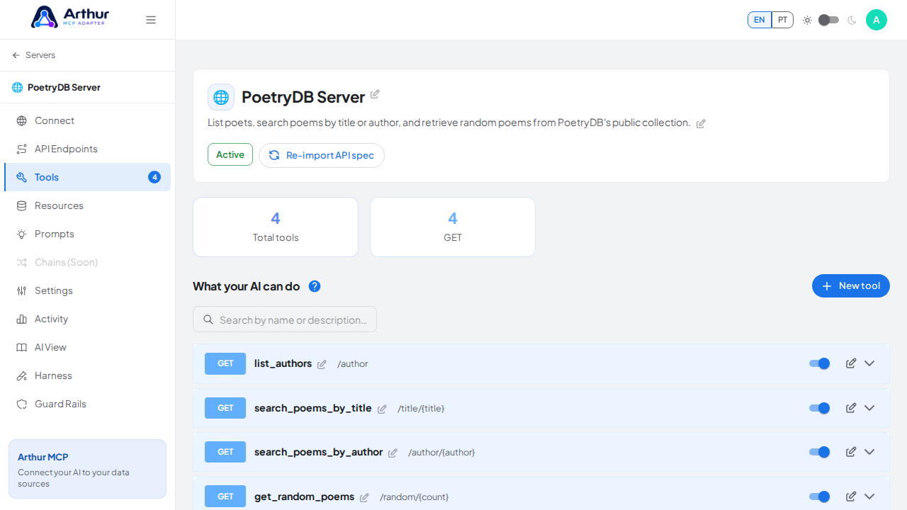 Review the tools generated from the PoetryDB template