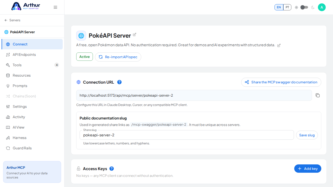 Open the server's Connect section, where the MCP endpoint and its documentation live