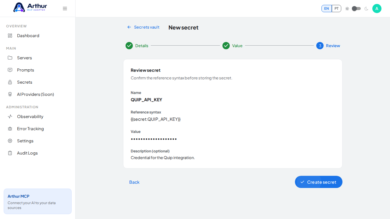 Review the generated secret reference syntax