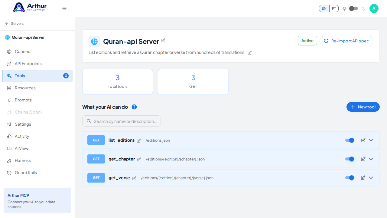 Review the tools generated from the Quran-api template