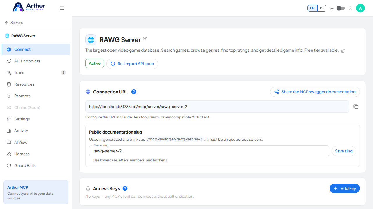 Open the server's Connect section, where the MCP endpoint and its documentation live