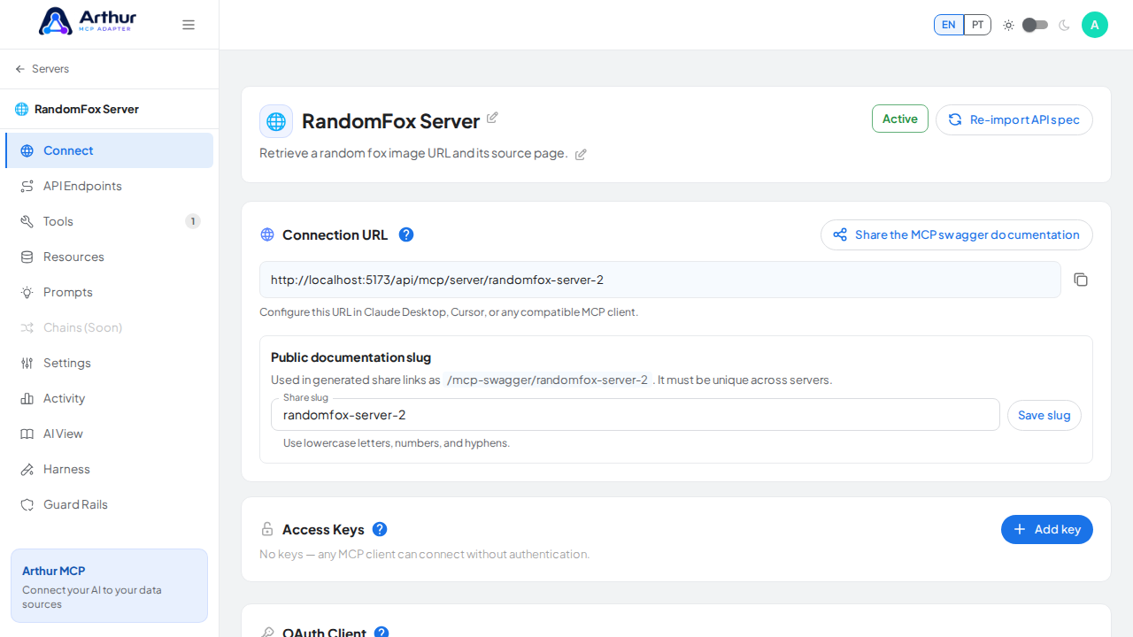 Open the server's Connect section, where the MCP endpoint and its documentation live