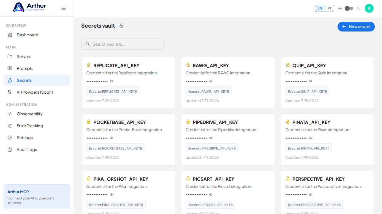 Open the Secrets vault to store the RescueGroups credential before using the template