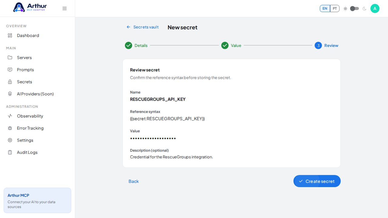 Review the generated secret reference syntax