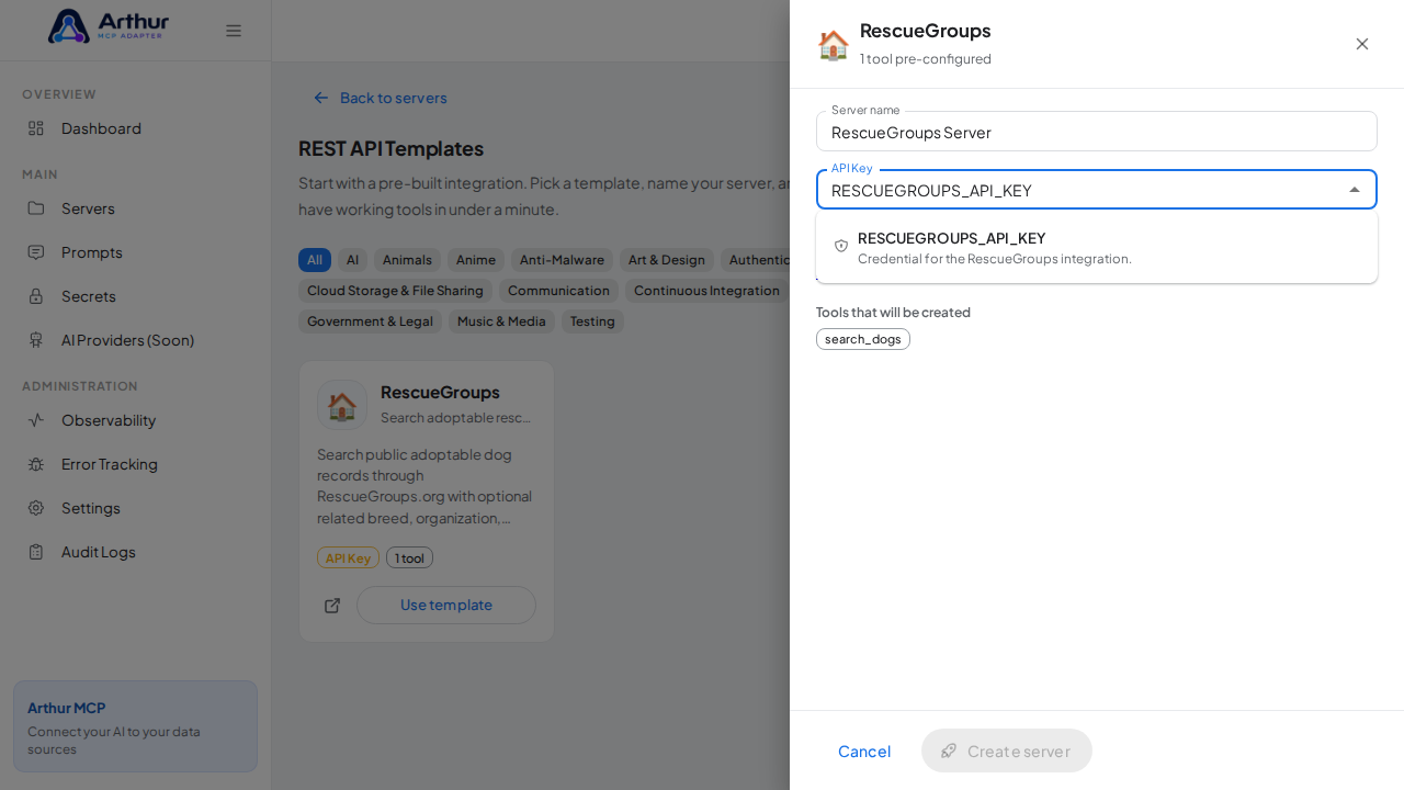 Pick the RESCUEGROUPSAPIKEY secret from the vault suggestions