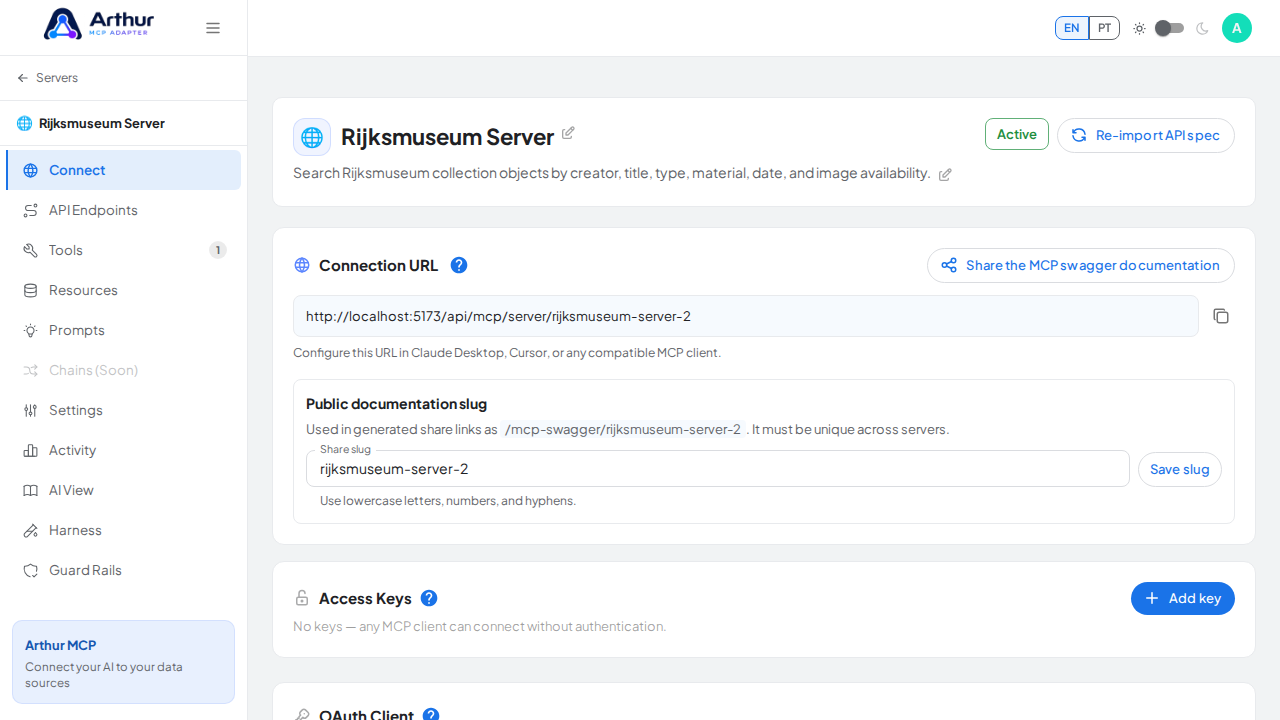 Open the server's Connect section, where the MCP endpoint and its documentation live