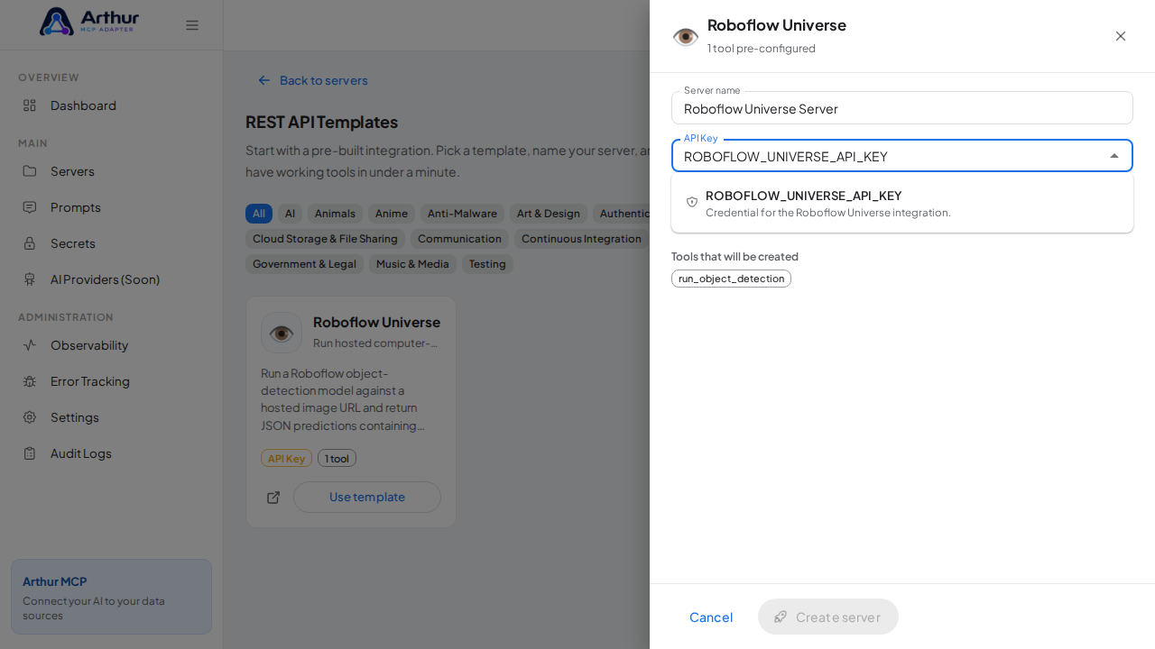 Pick the ROBOFLOWUNIVERSEAPIKEY secret from the vault suggestions