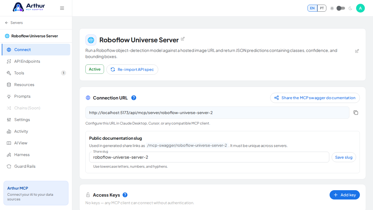 Open the server's Connect section, where the MCP endpoint and its documentation live