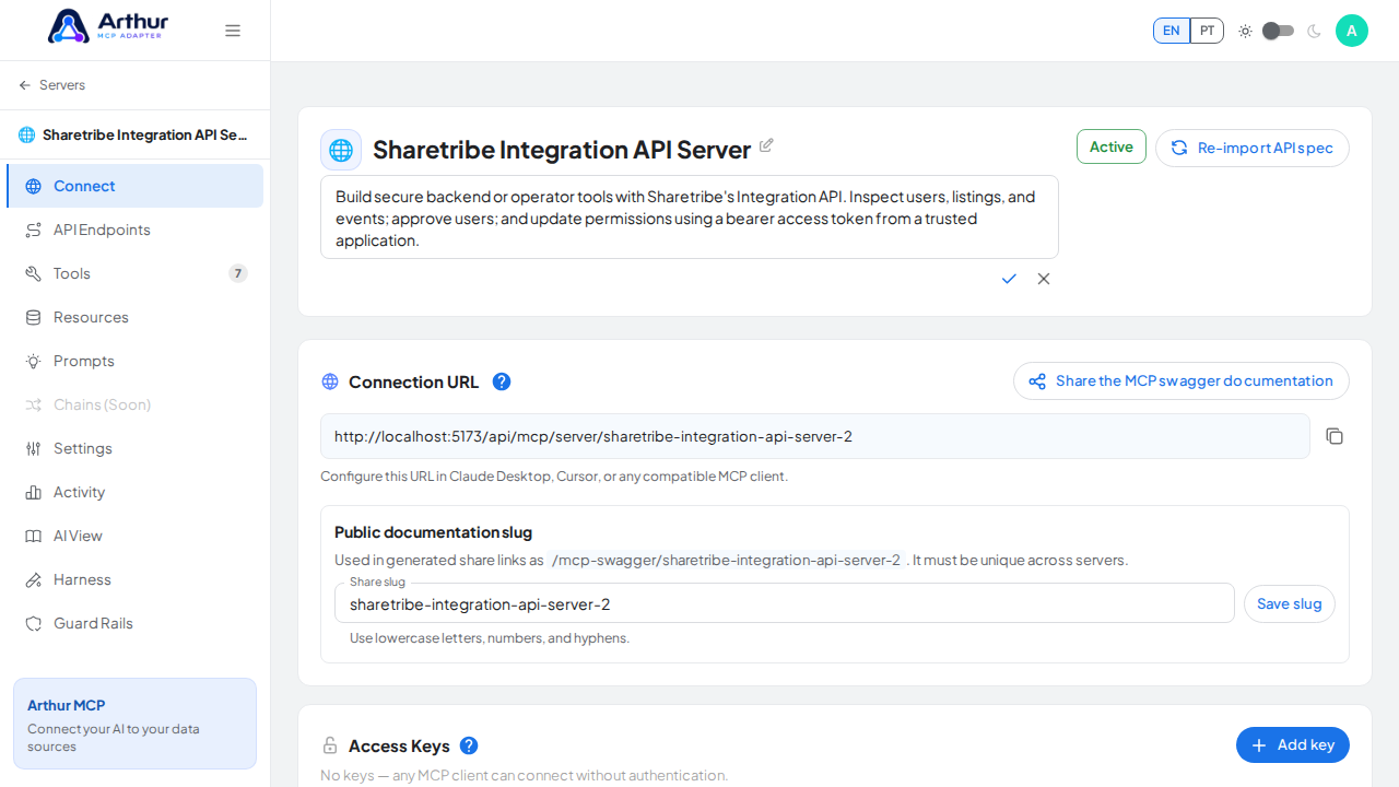 Open the server's Connect section, where the MCP endpoint and its documentation live