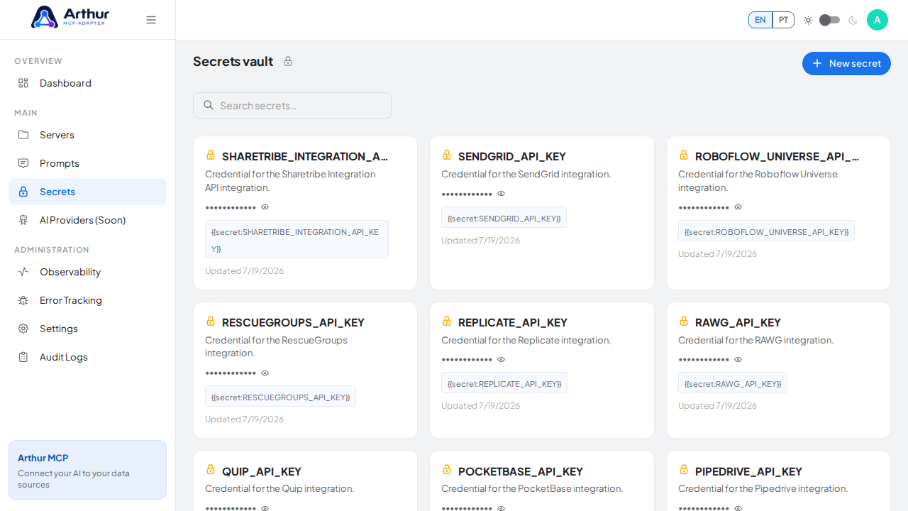 Open the Secrets vault to store the Sharetribe Marketplace API credential before using the template