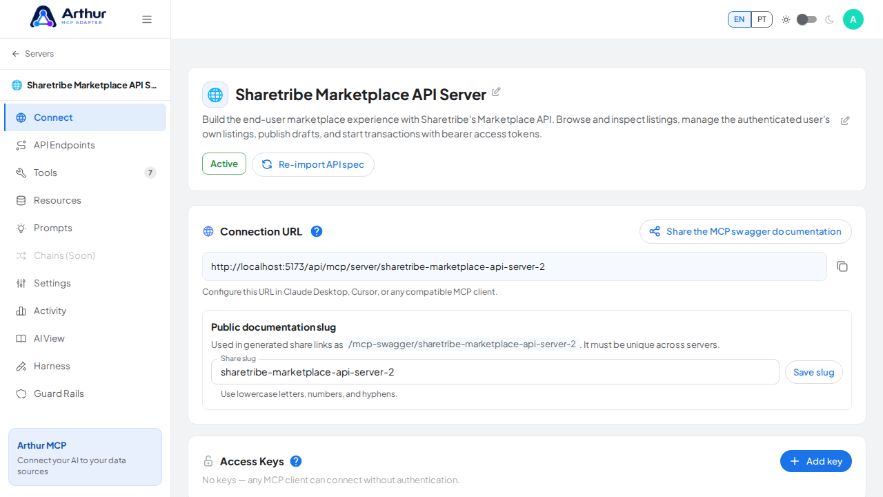 Open the server's Connect section, where the MCP endpoint and its documentation live