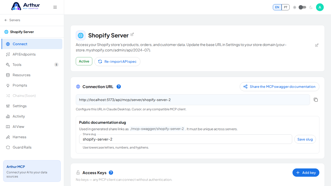 Open the server's Connect section, where the MCP endpoint and its documentation live