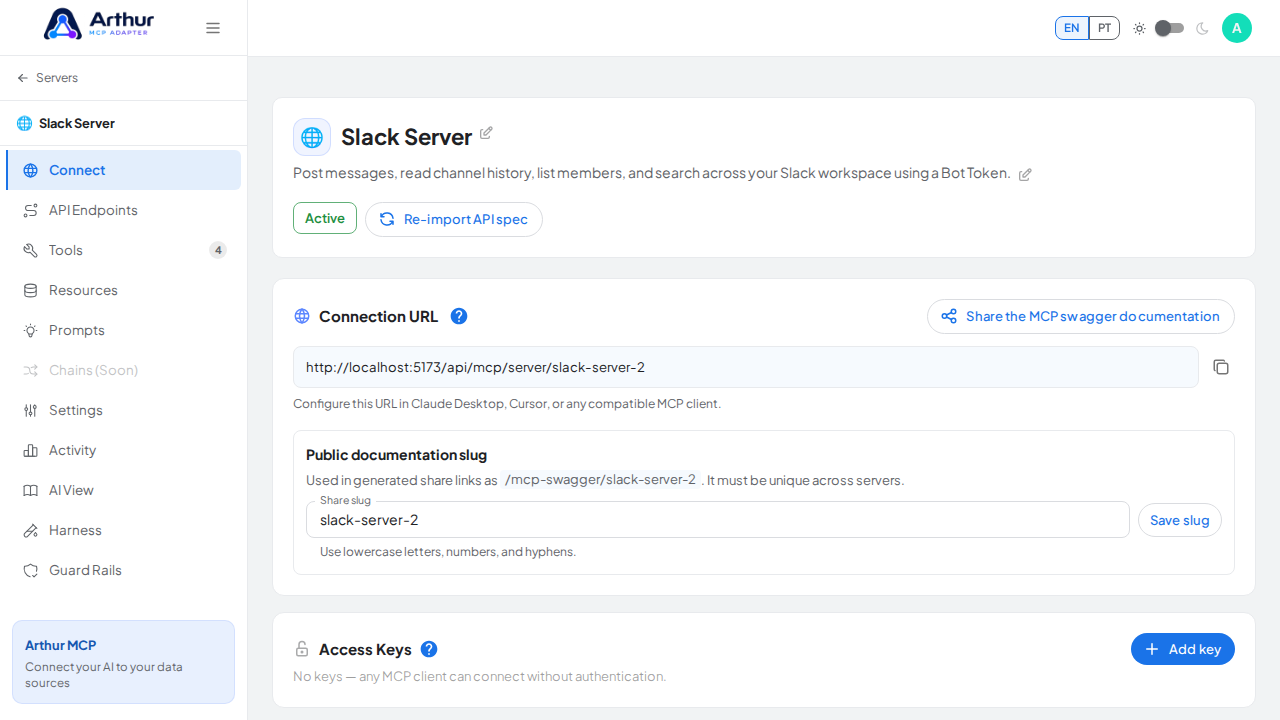Open the server's Connect section, where the MCP endpoint and its documentation live