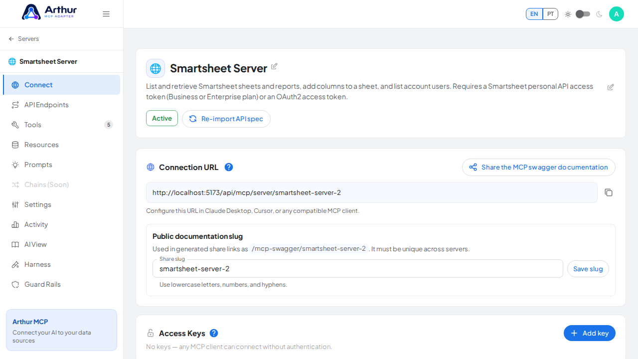 Open the server's Connect section, where the MCP endpoint and its documentation live