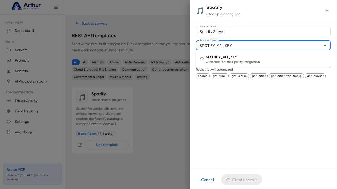 Pick the SPOTIFYAPIKEY secret from the vault suggestions