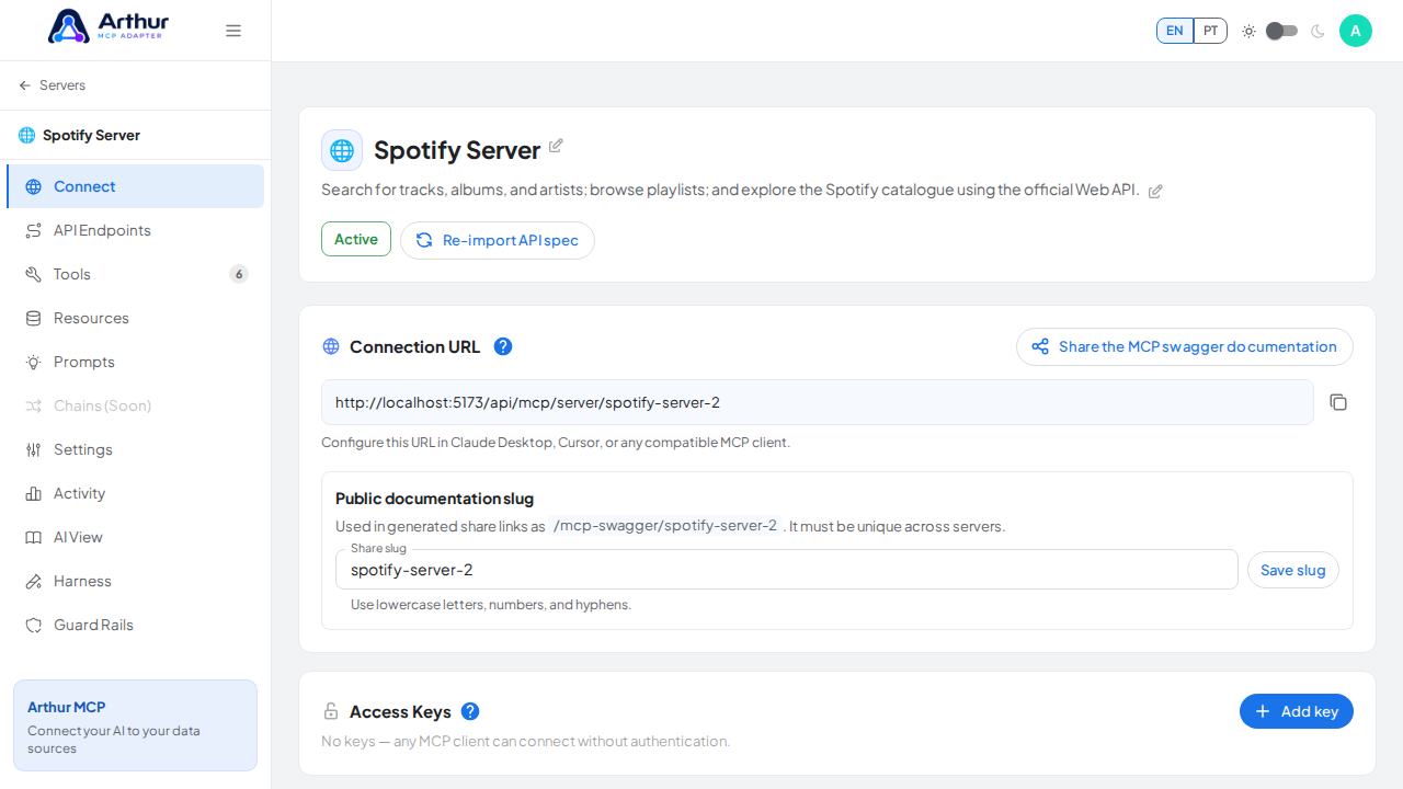 Open the server's Connect section, where the MCP endpoint and its documentation live