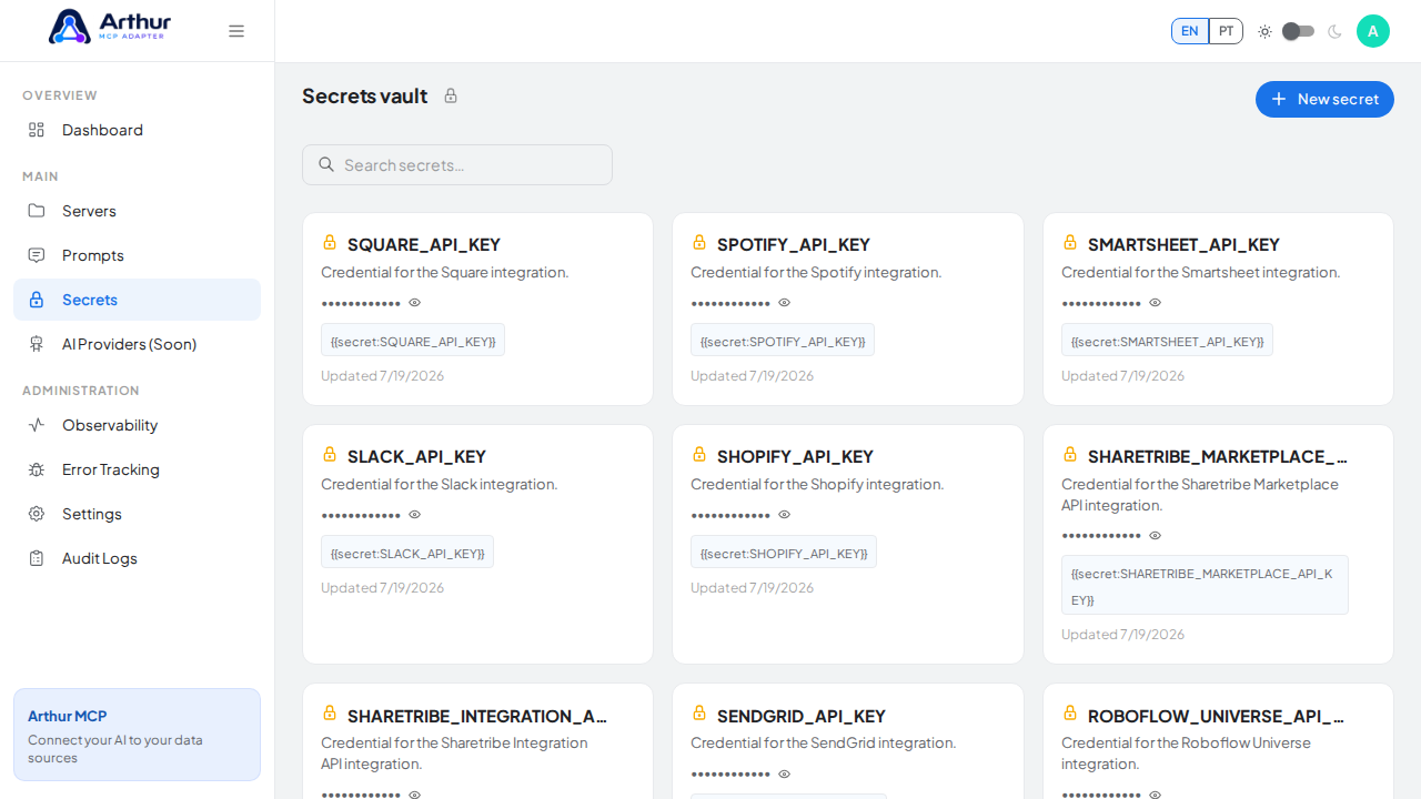 Open the Secrets vault to store the Stability AI credential before using the template