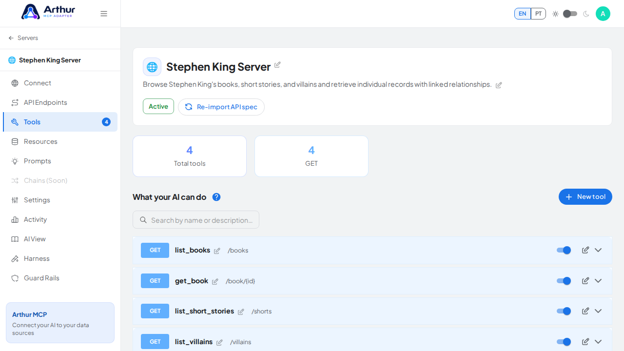 Review the tools generated from the Stephen King template