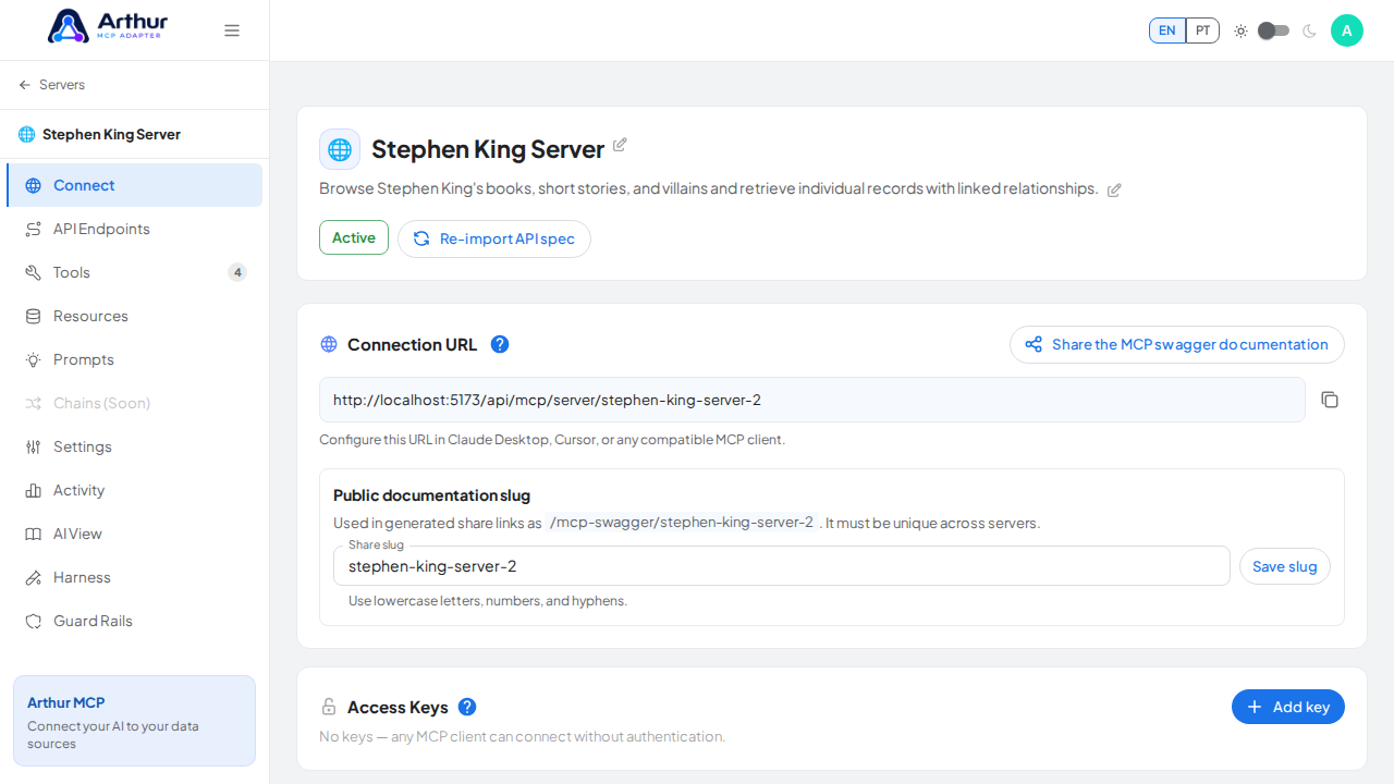 Open the server's Connect section, where the MCP endpoint and its documentation live