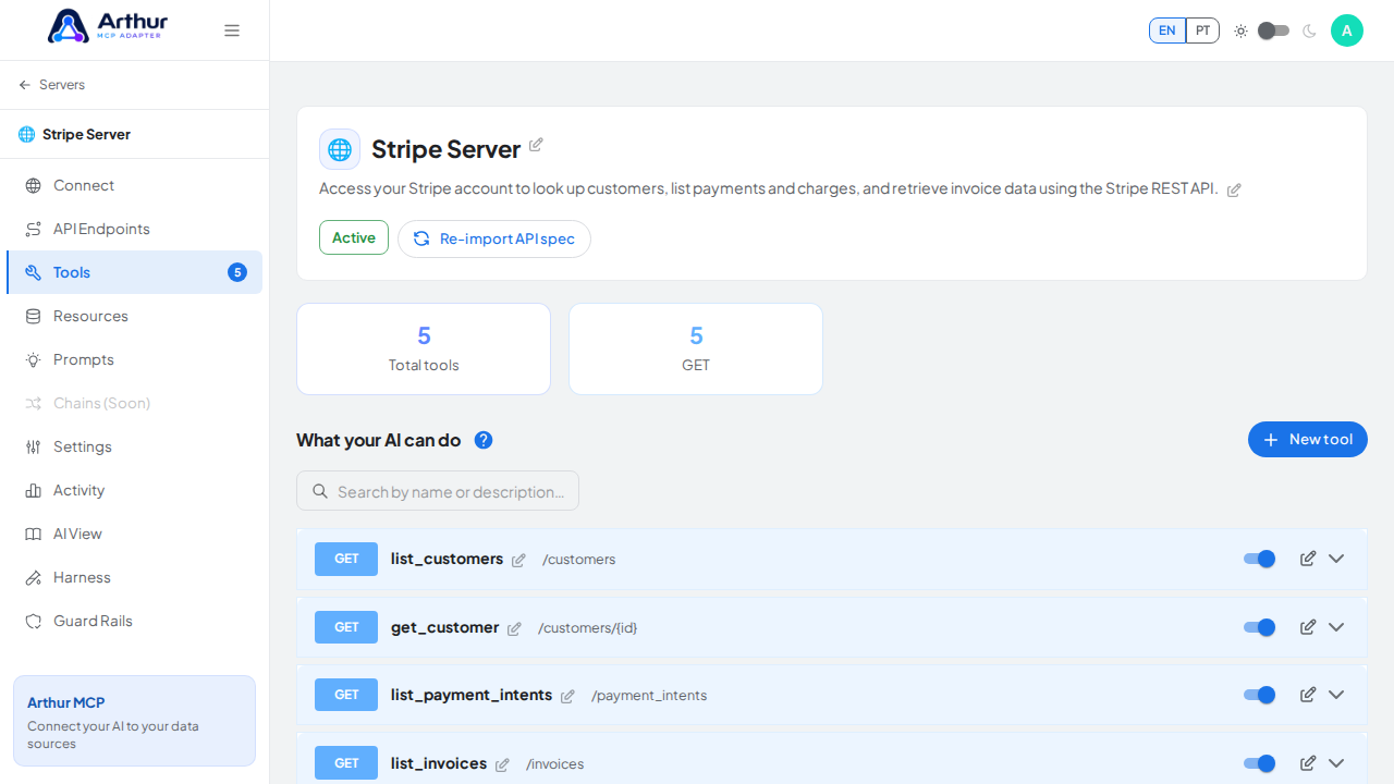 Review the tools generated from the Stripe template