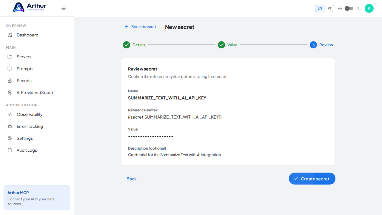 Review the generated secret reference syntax