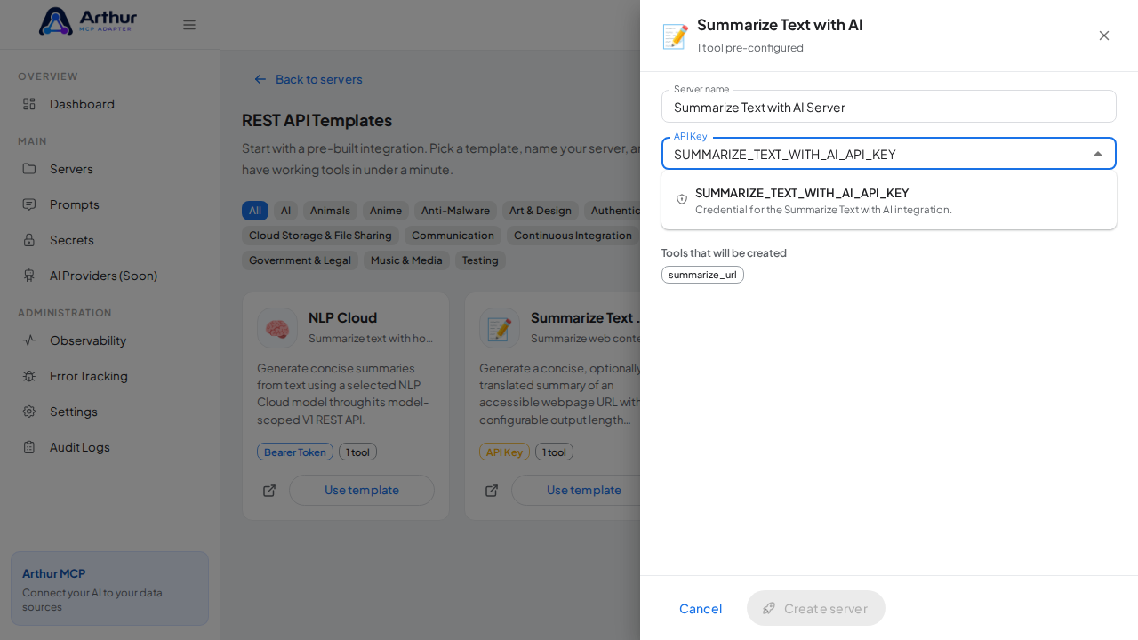 Pick the SUMMARIZETEXTWITHAIAPIKEY secret from the vault suggestions