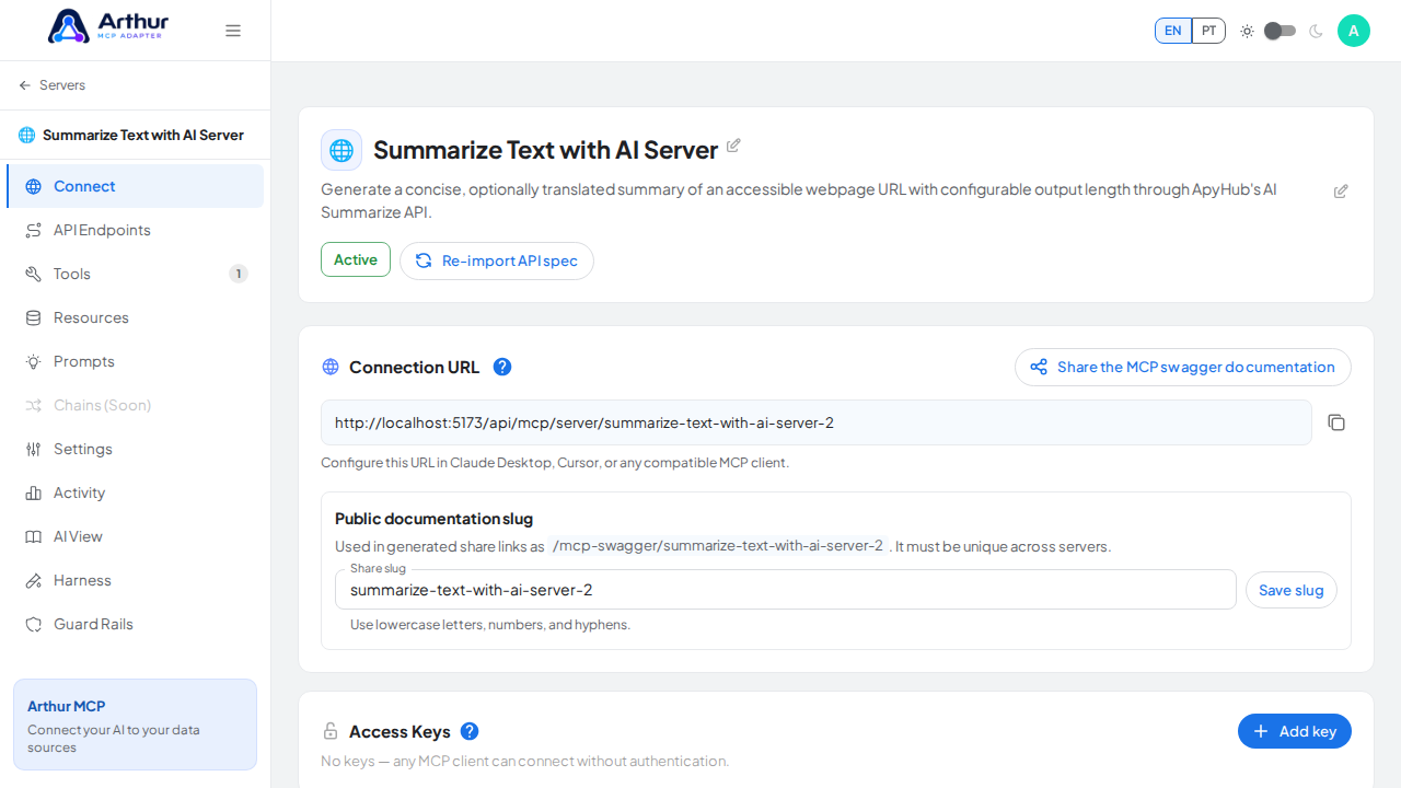 Create the Summarize Text with AI server with its preconfigured tools