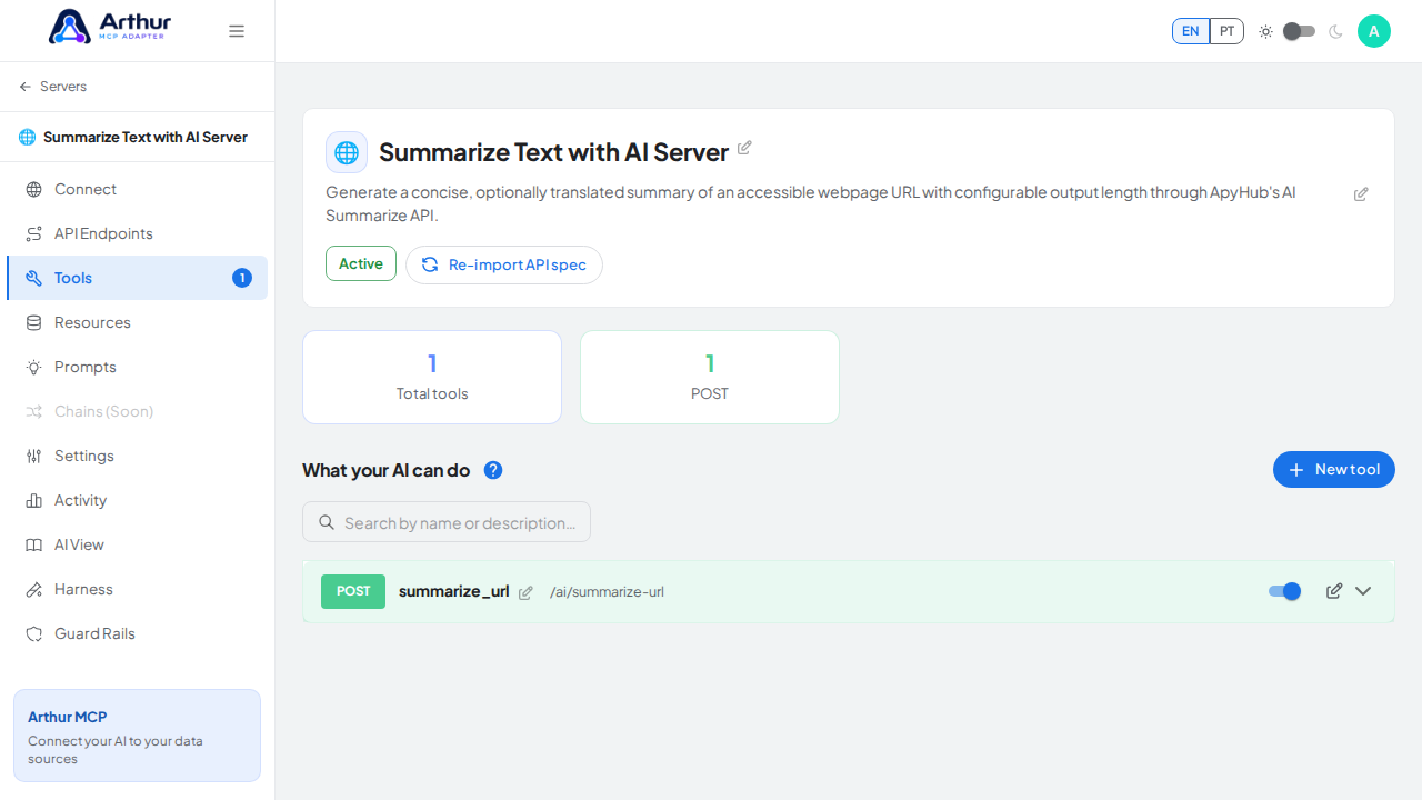 Review the tools generated from the Summarize Text with AI template