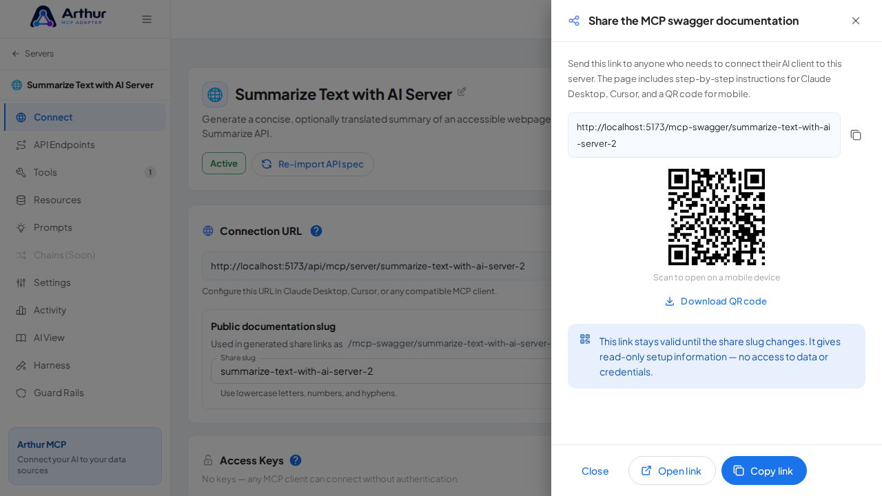 Show the generated swagger documentation link and QR code for this server