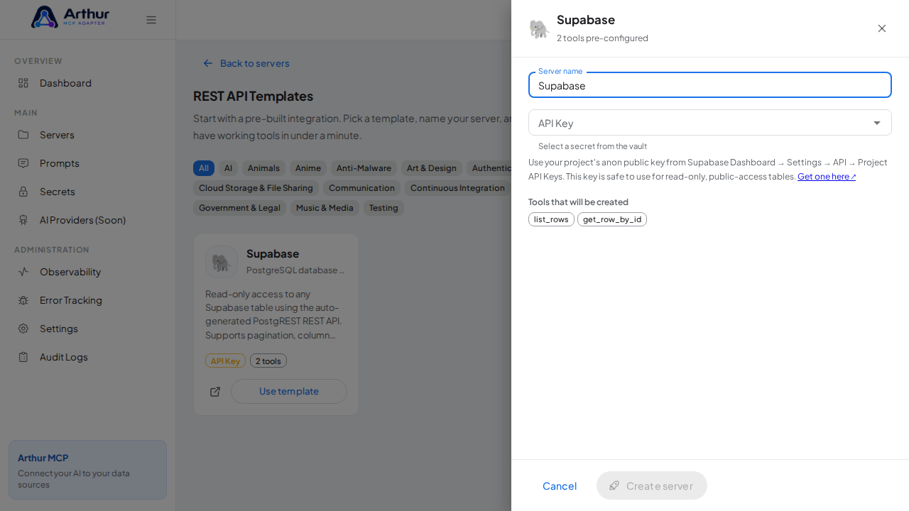 Open the Supabase template with its preconfigured tools