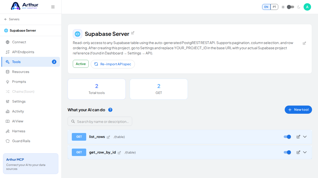 Review the tools generated from the Supabase template