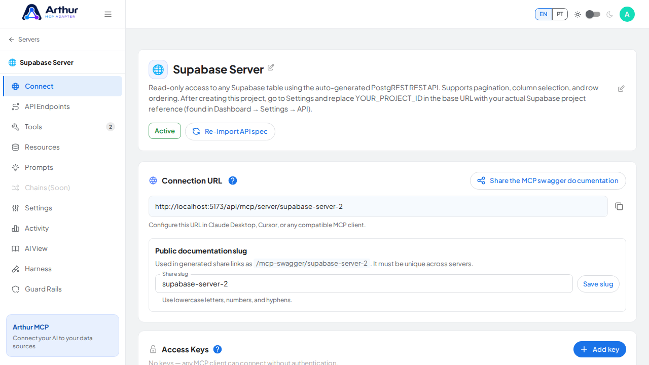 Open the server's Connect section, where the MCP endpoint and its documentation live