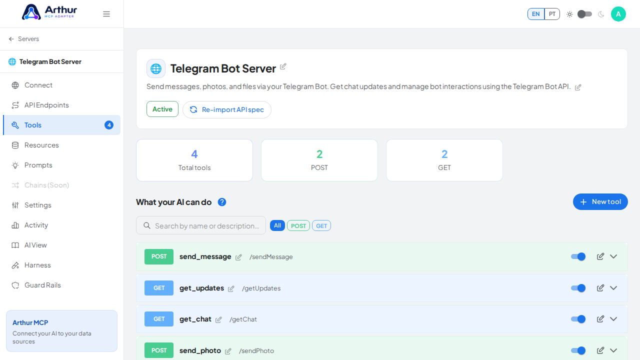 Review the tools generated from the Telegram Bot template