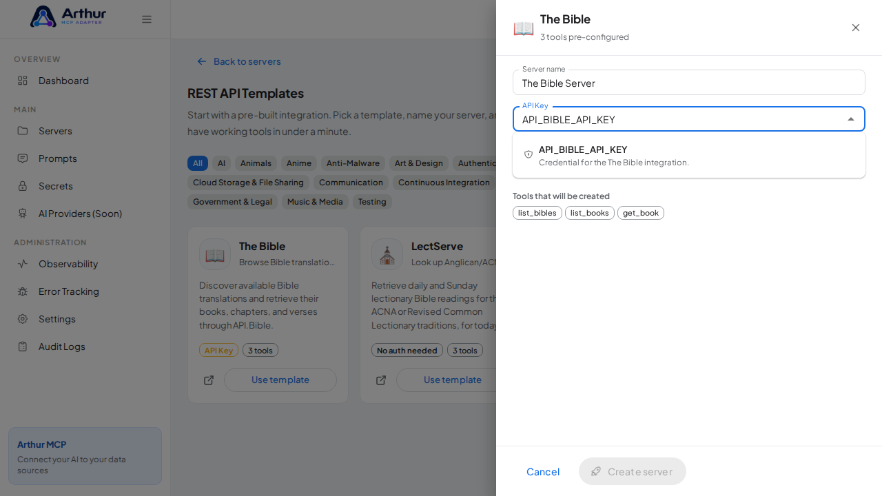 Pick the APIBIBLEAPIKEY secret from the vault suggestions