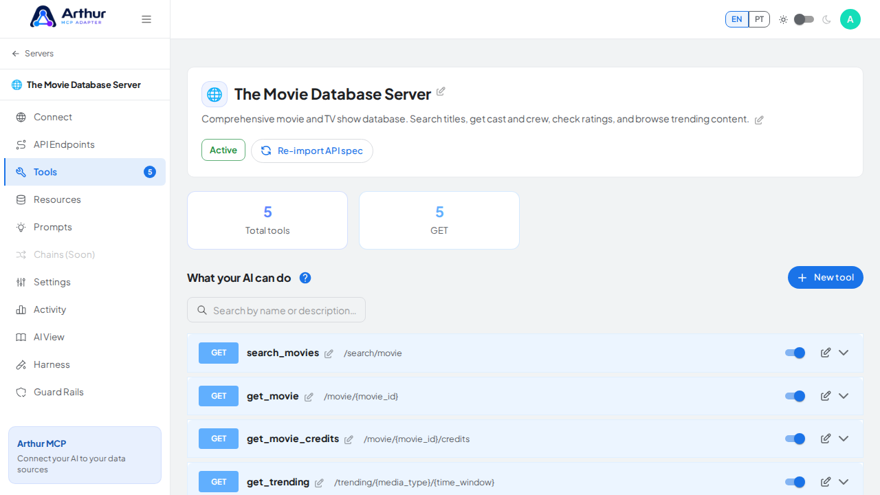 Review the tools generated from the The Movie Database template
