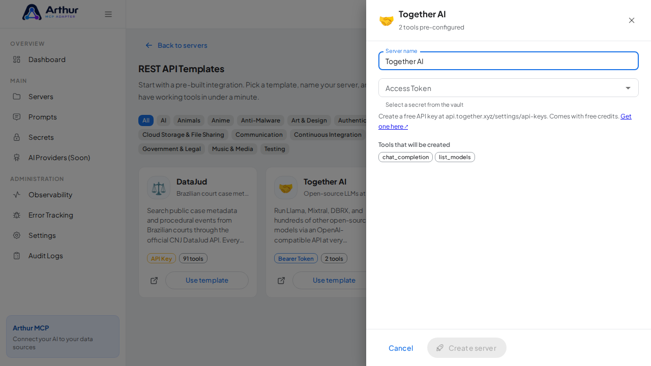 Open the Together AI template with its preconfigured tools