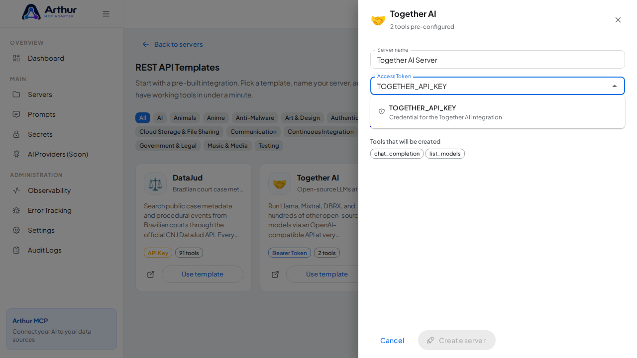 Pick the TOGETHERAPIKEY secret from the vault suggestions