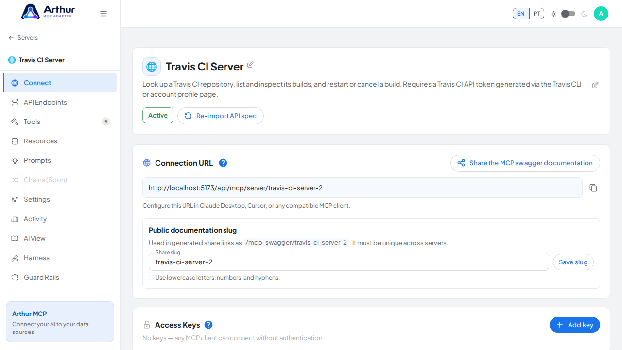 Open the server's Connect section, where the MCP endpoint and its documentation live