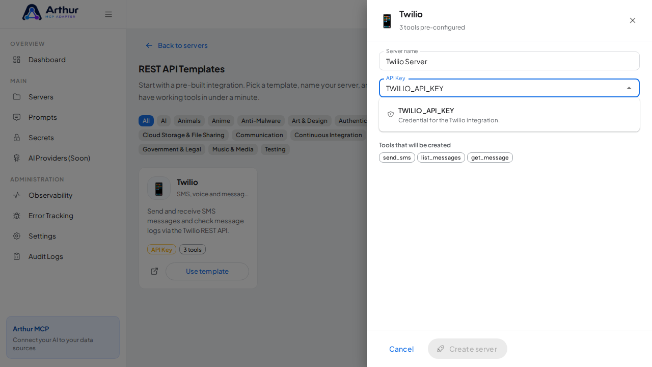 Pick the TWILIOAPIKEY secret from the vault suggestions
