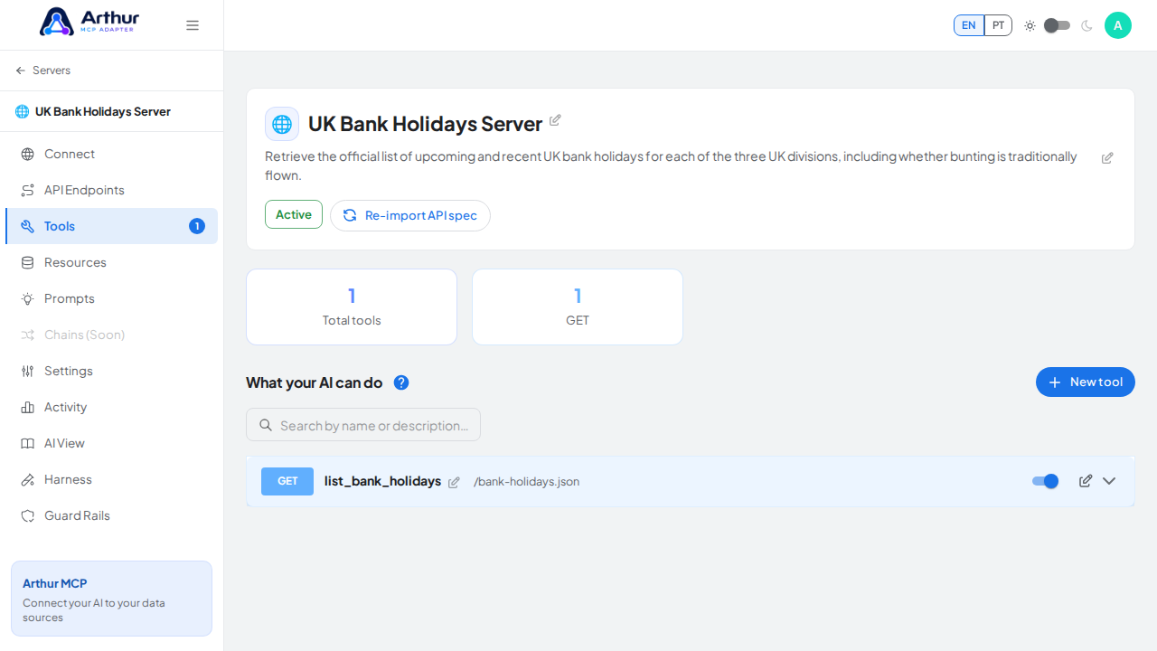 Review the tools generated from the UK Bank Holidays template
